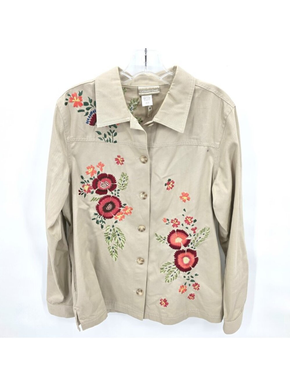 Coldwater Creek Shirt Jacket Womens M Beige Floral Embroidered Twill Shacket